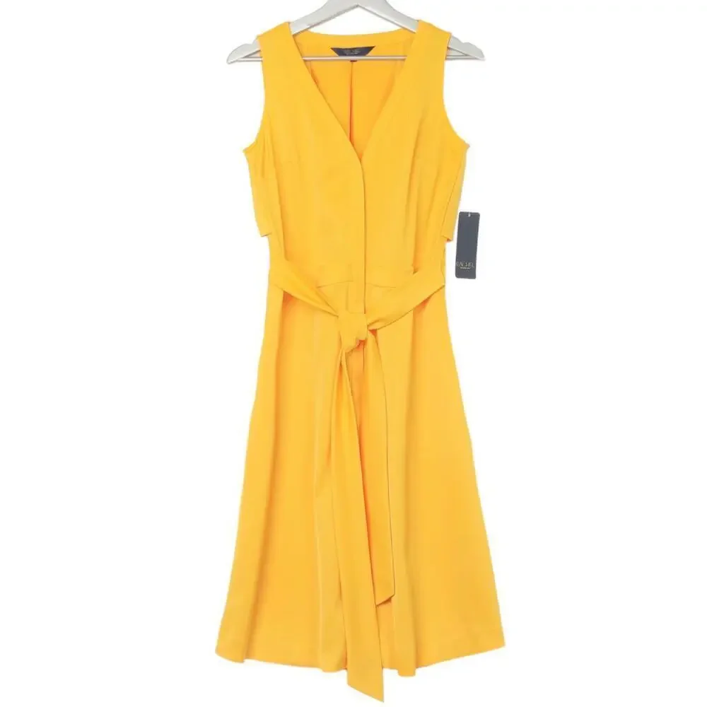 New Rachel Roy Women's V-Neck  Button Front Tie Waist Midi Dress - Picture 4 of 10